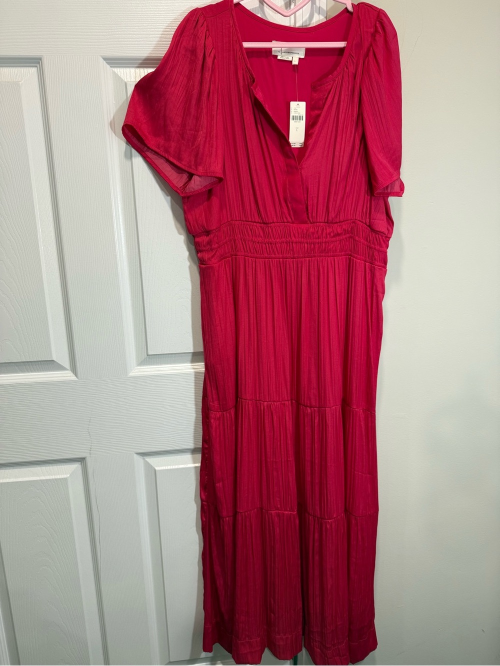 Anthropologie Somerset Maxi Dress Pink Satin Smocked Waist Pockets NWT L - Picture 8 of 14
